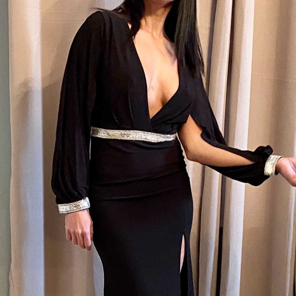 Rhinestone Maxi Dress Deep Plunged VNeck Slit Slev - Picture 7 of 13